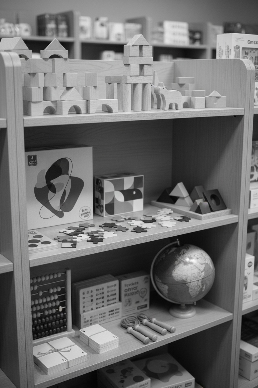 A wooden bookcase filled with various educational toys, including wooden blocks, puzzles, a globe, and an abacus.