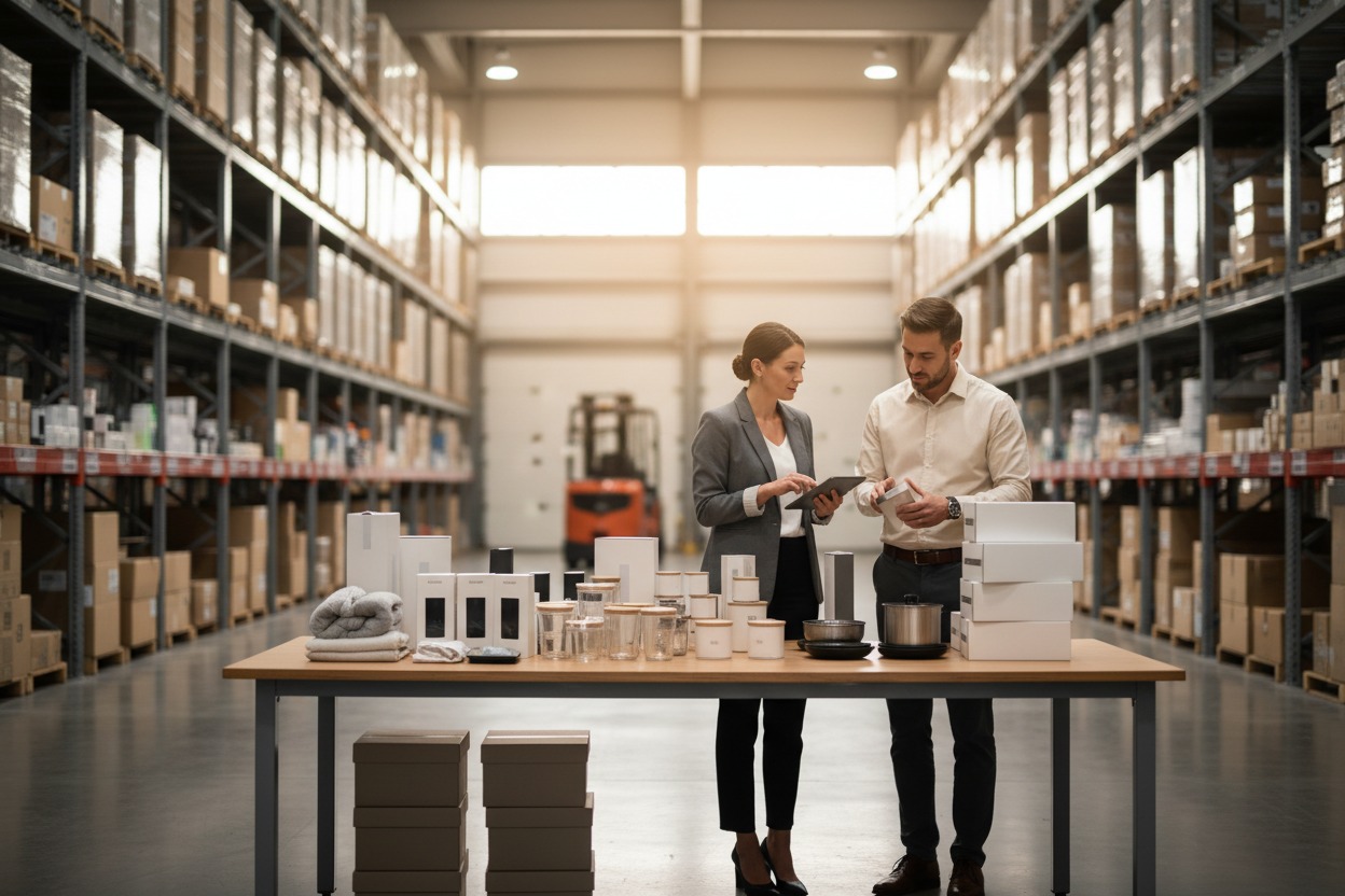 A woman in a grey blazer uses a tablet while a man in a white shirt holds a small box, both standing in a brightly lit warehouse beside a table displaying various products.