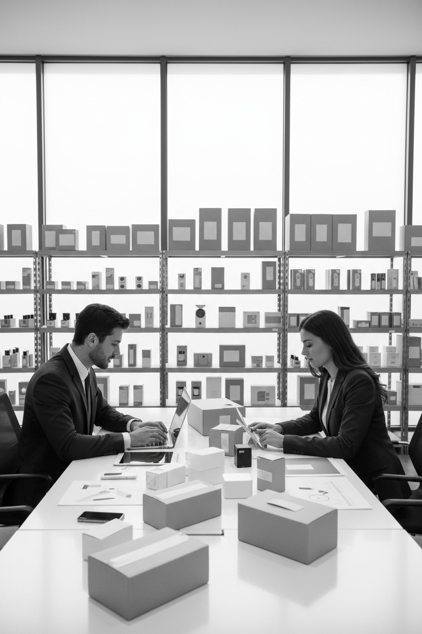 A man and woman in business attire sit at a table covered in product packages and documents, with shelves of boxed inventory in the background.