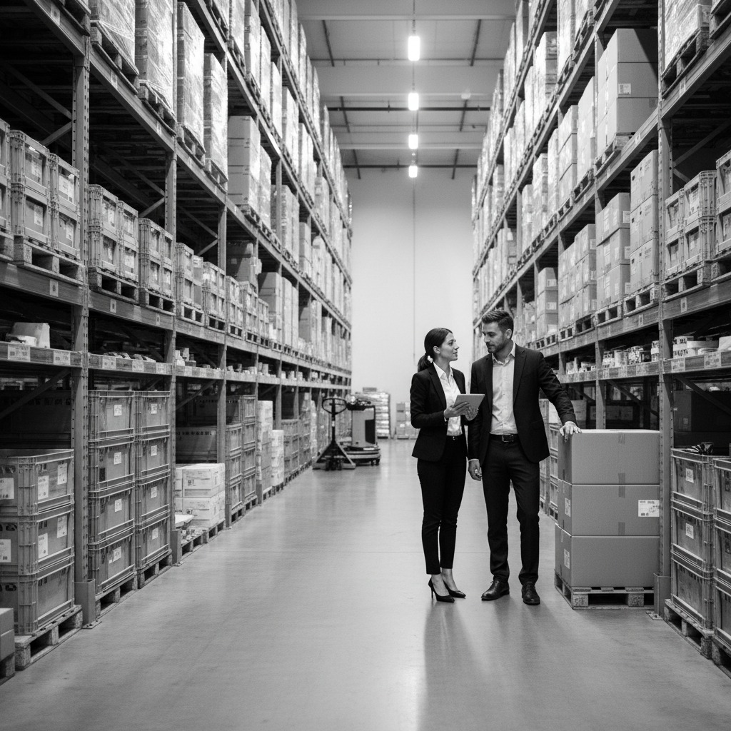 A man and a woman in business attire stand in a large warehouse aisle, looking at a tablet together.