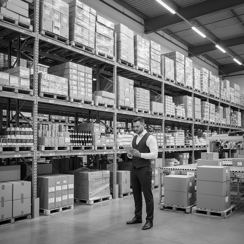 A man in a vest and shirt holds a tablet in a warehouse filled with tall metal shelving units stacked with boxes.