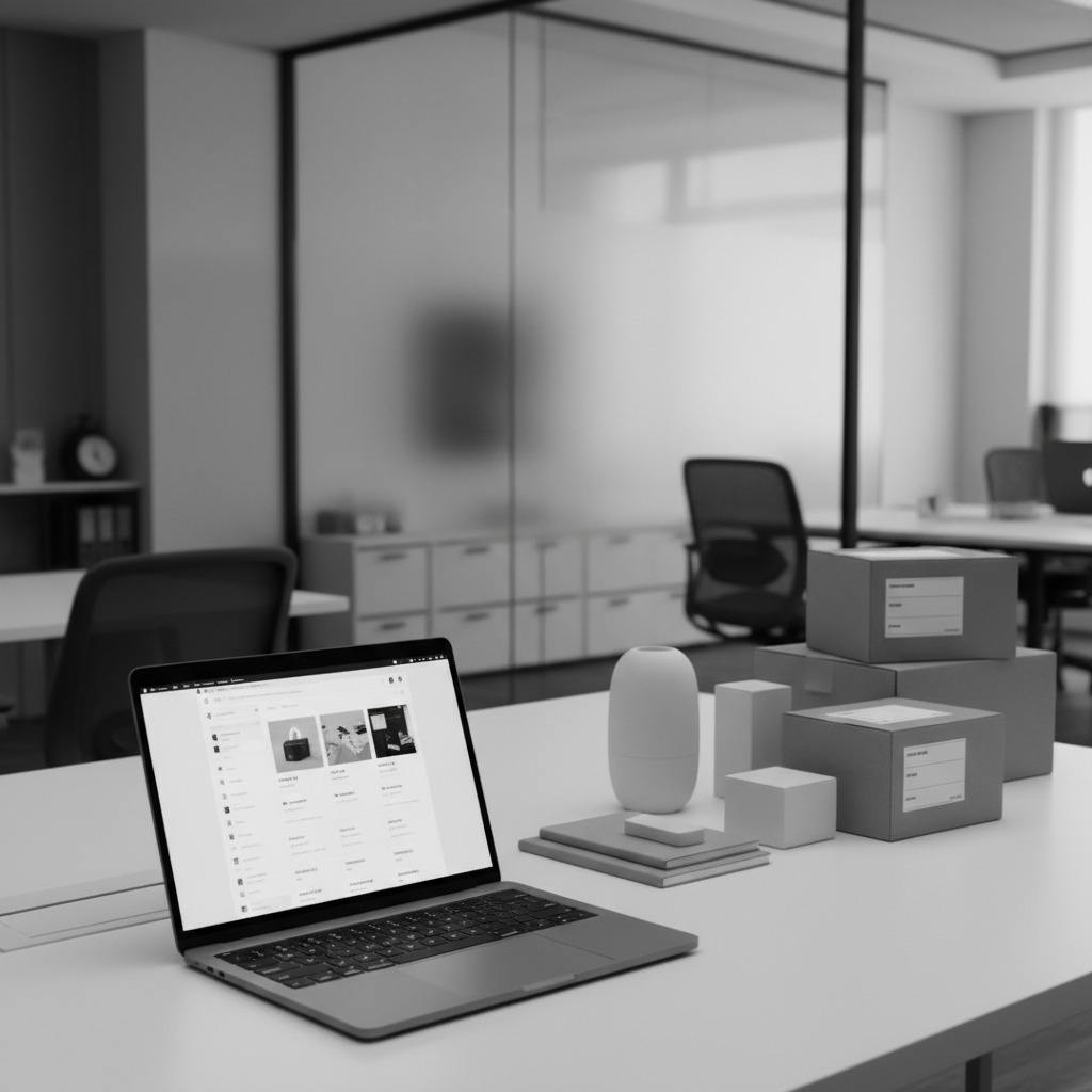A laptop showing e-commerce software sits on a white desk next to stacked shipping boxes and office supplies.