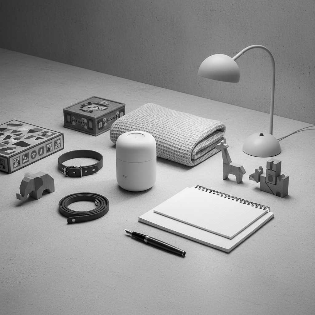 A tabletop arrangement in monochrome tones features a central white cylindrical container surrounded by a desk lamp, two notebooks, a fountain pen, folded textiles, leather belts, and various wooden animal figurines.