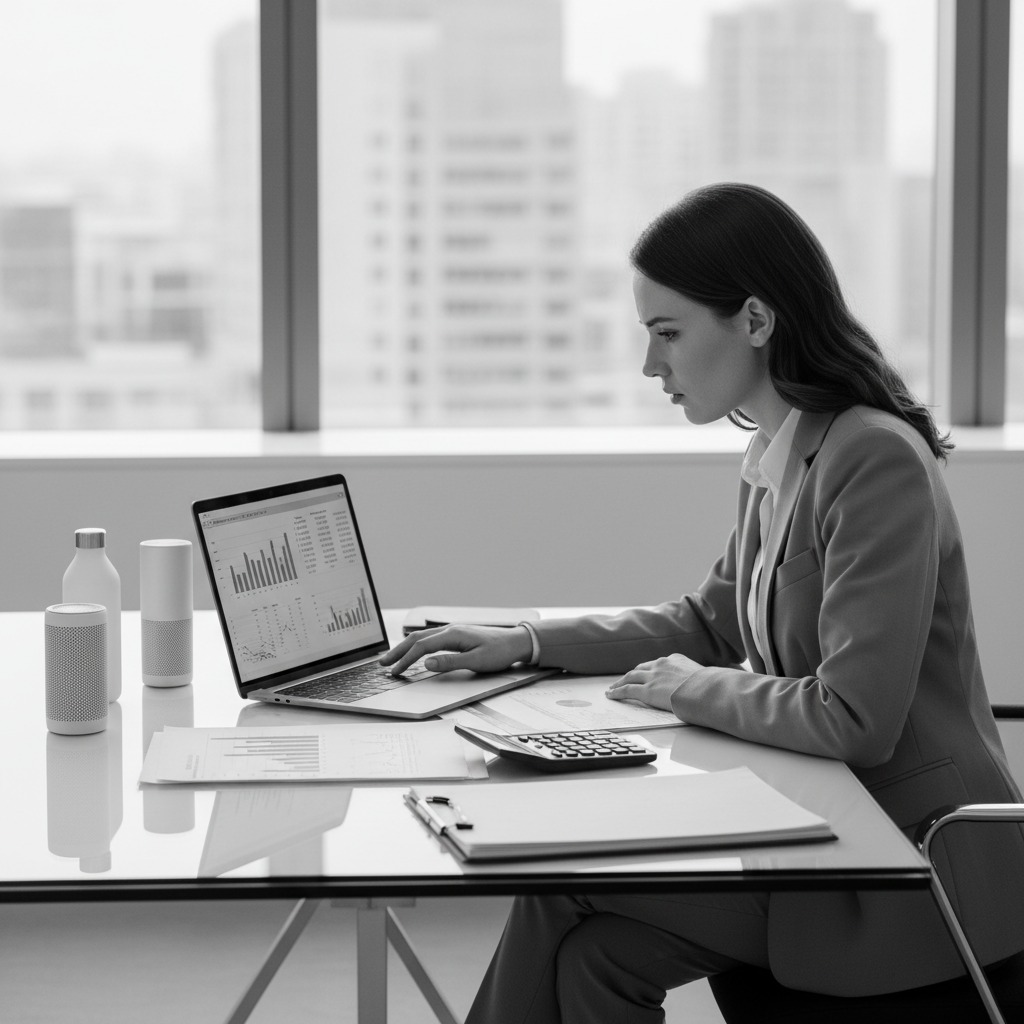 A businesswoman in a suit sits at a desk with a laptop displaying charts, a calculator, and financial documents.