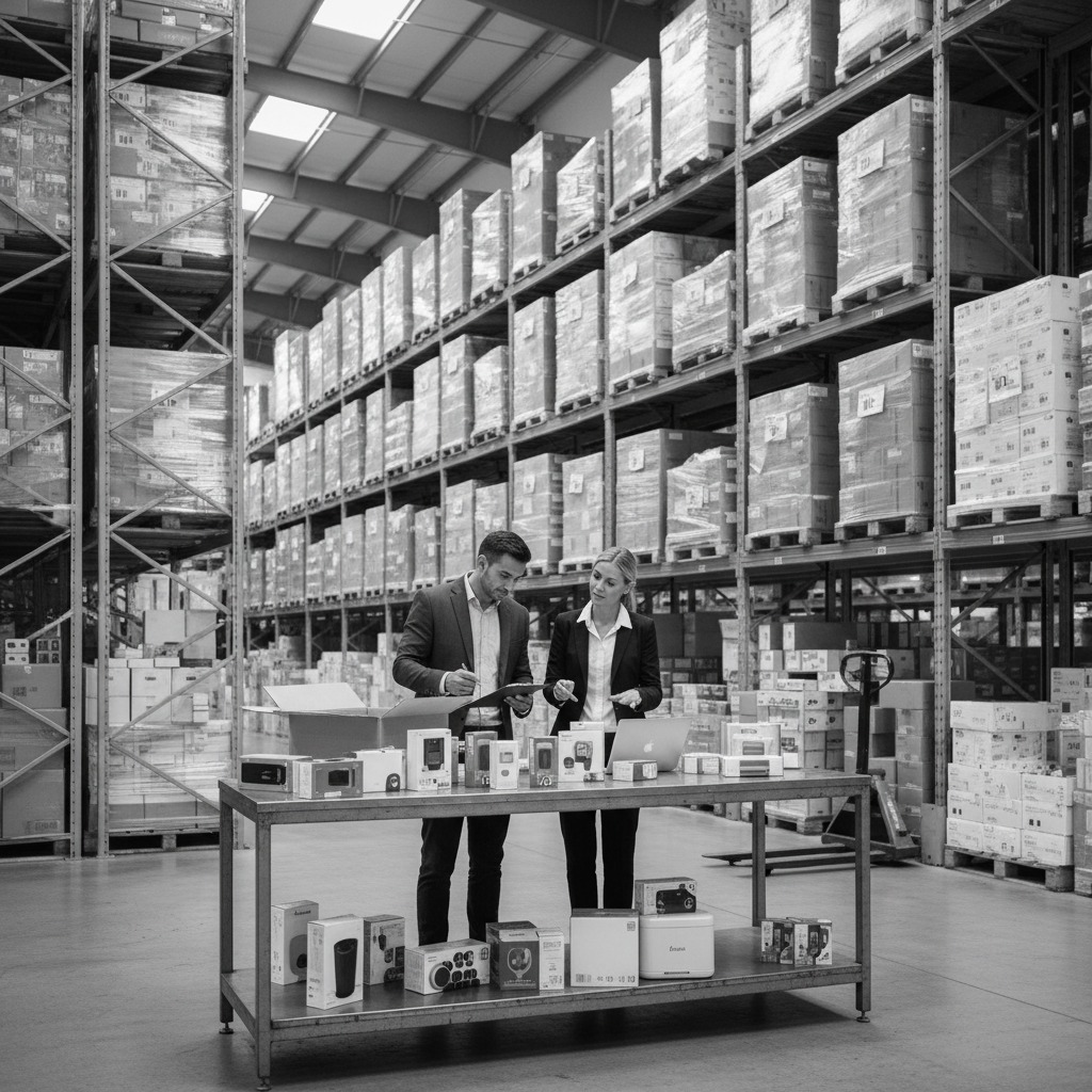 A man and a woman in business attire stand in a large warehouse examining products and paperwork at a table with boxes on it.