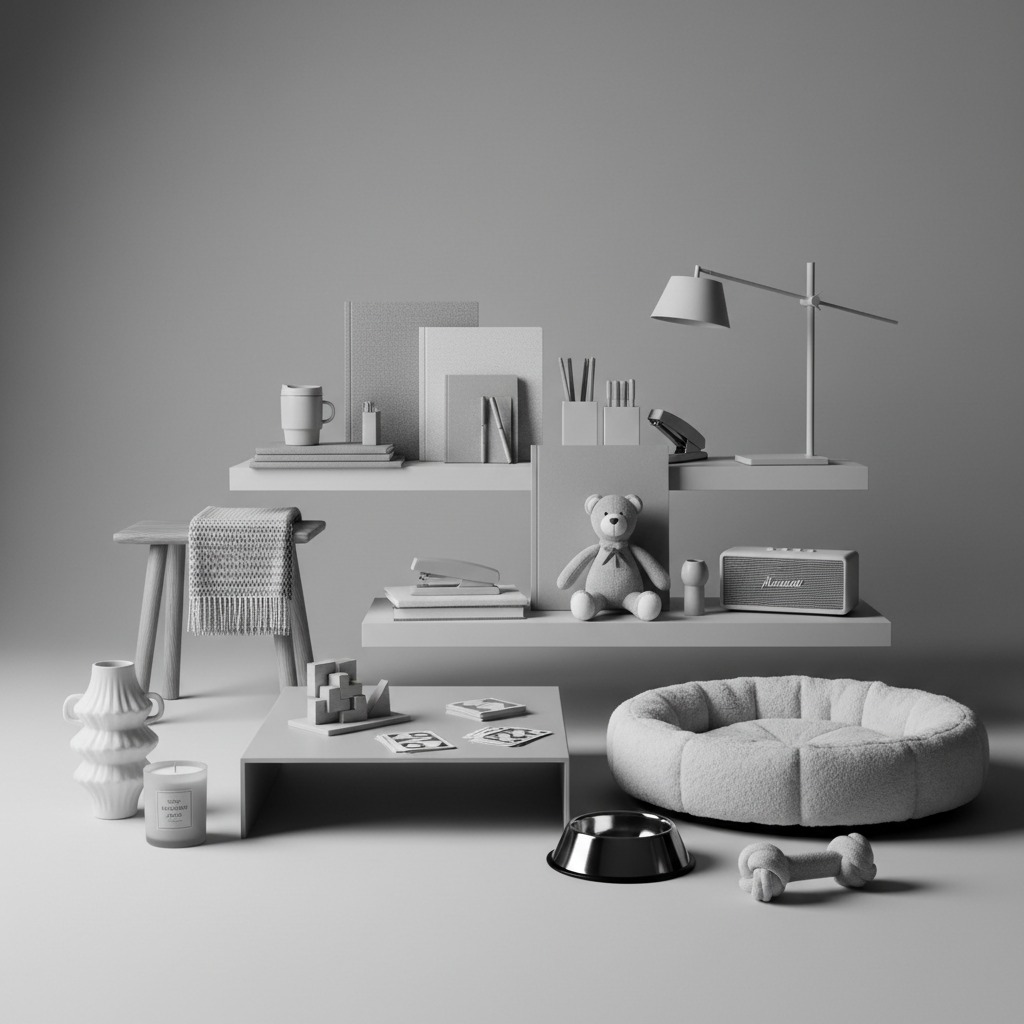 A minimalist grey-scale still life arrangement features floating shelves, a small table, a stool, a pet bed, and various decorative objects.