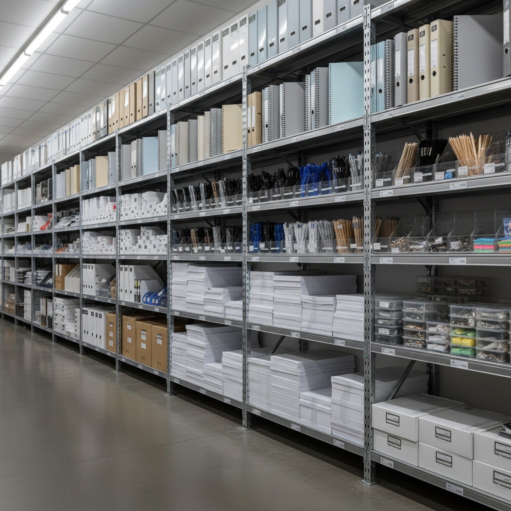 Tall metal shelving units in a brightly lit warehouse store neatly organized office supplies and stationery.